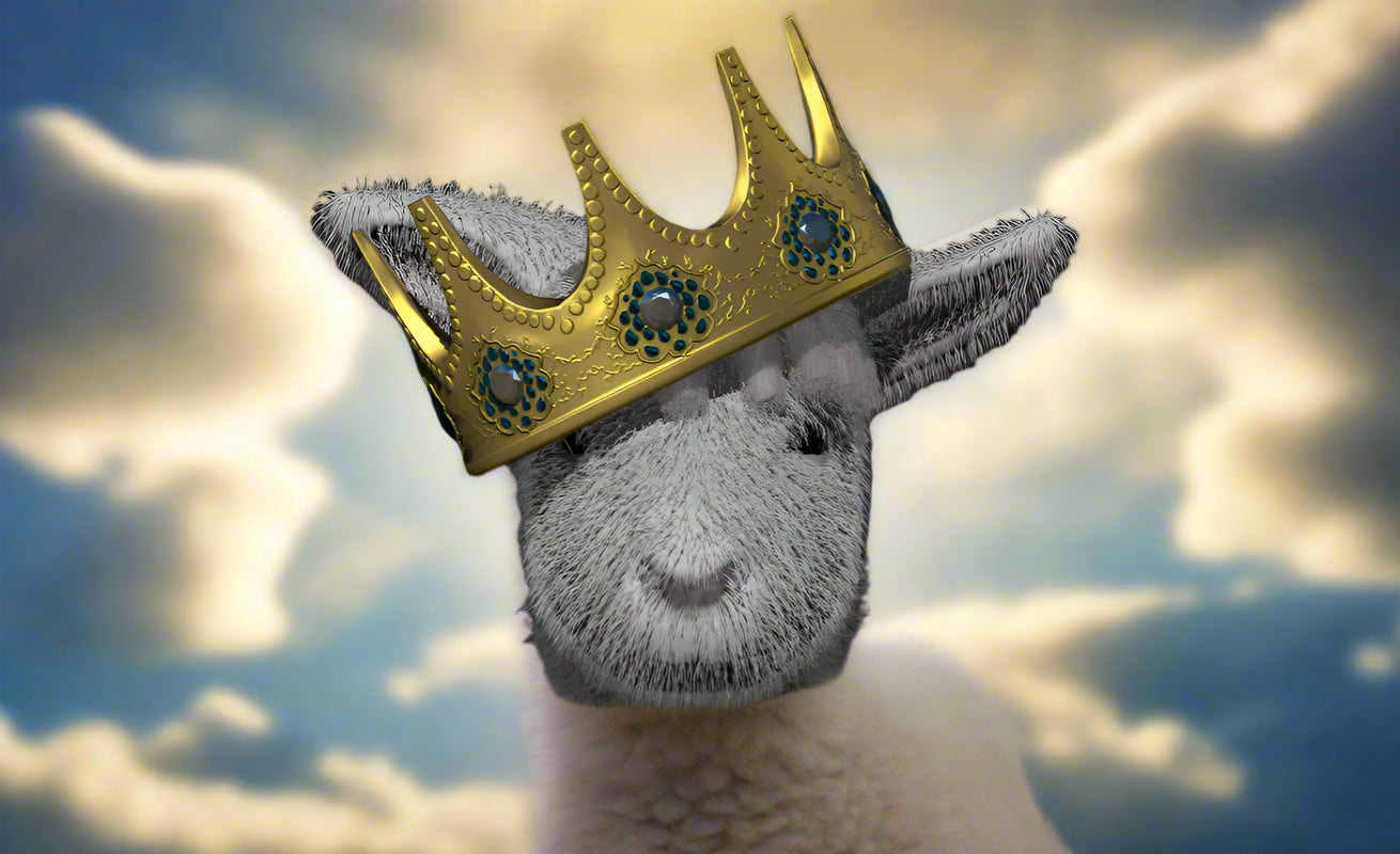 Sheep head with a gold crown on a black background